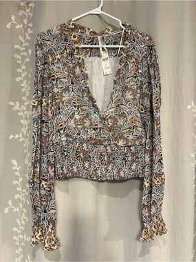 Anthropologie Floral Wrap-Style Blouse - Brown & Light Blue